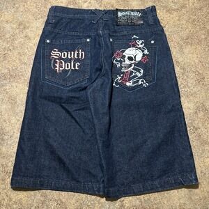 Vintage Y2k Southpole Jorts Size 36 Skull Cross Baggy Blue Skater Grunge